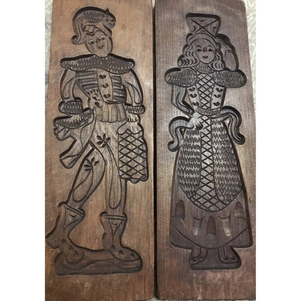 Antique Wooden Hand Carved SPRINGERLE Cookie Press Boards MOLD, Set of 2, Couple